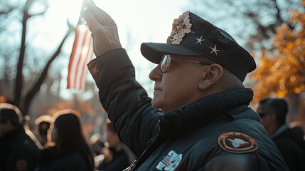 A veteran salutes a flag, standing solemnly at a memorial event. digital