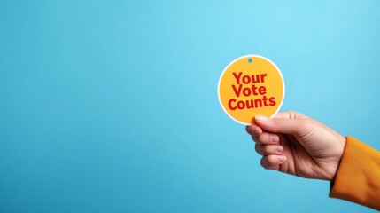 Empowering Democracy Through Voting and Civic Participation, A hand is holding a colorful sticker, showcasing creativity and personal expression in a modern setting.
