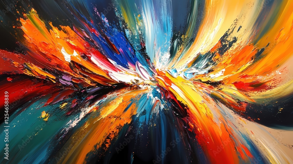 Poster dynamic abstract painting with vibrant colors creating a sense of energy and movement