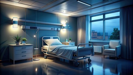 Empty Hospital Bed with Folded Blanket at Night - Stock Photo
