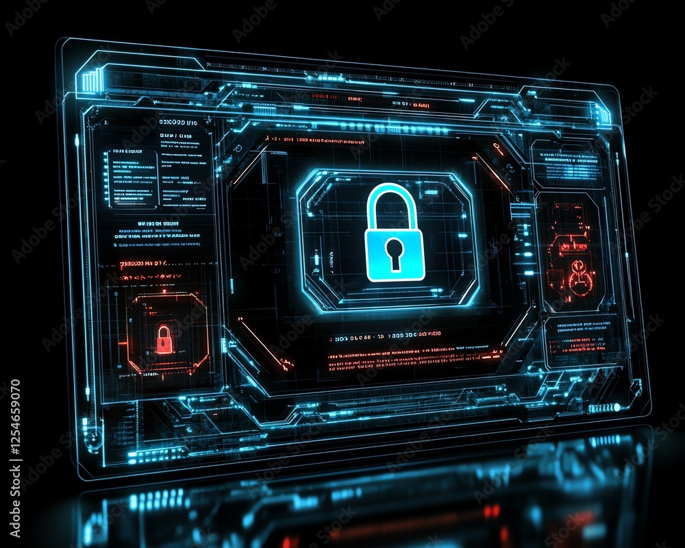 Poster digital screen showing a cybersecurity interface with a padlock and warning signs, representing data