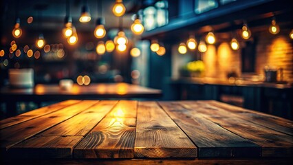 Empty Rustic Wooden Tabletop in Dark Kitchen - Night Photography Stock Photo