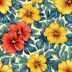 Vibrant Floral Pattern with Tropical Leaves and Bright Colored Flowers