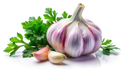 Fresh Garlic Cloves and Parsley Sprig Isolated on White - Aerial View Stock Photo