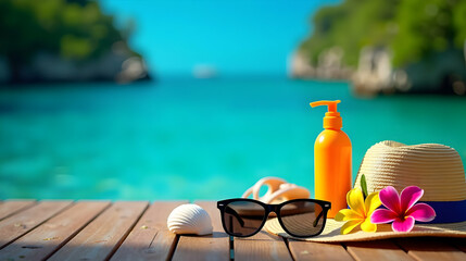 Obraz premium Sun-kissed serenity: Sunglasses, sunscreen, hat, and tropical flowers await your beach escape!