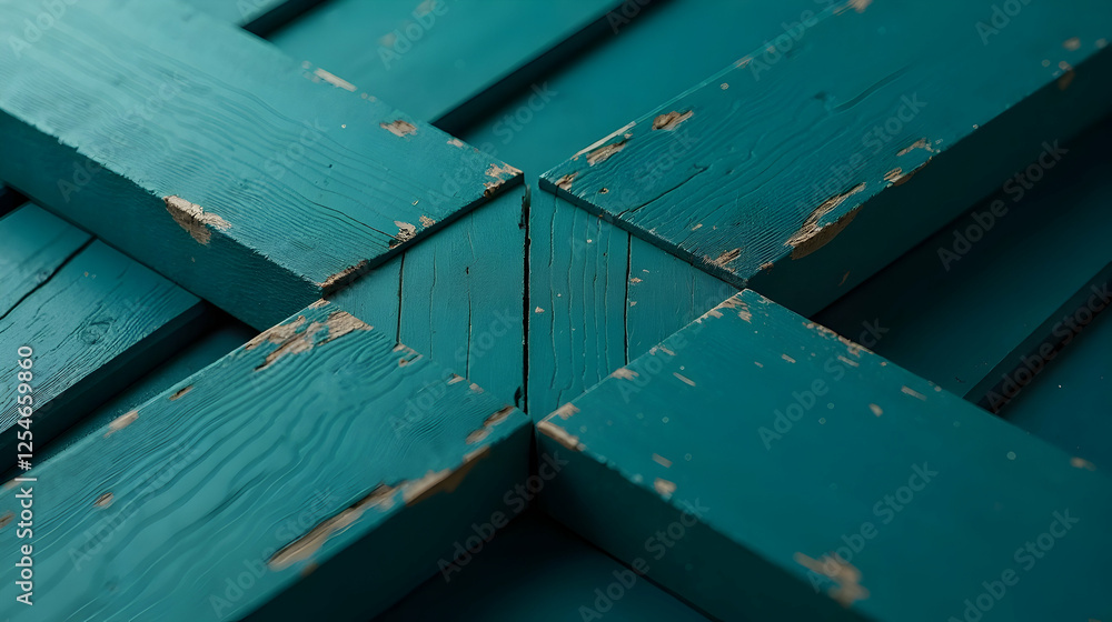 Poster weathered teal wood planks intersect, creating a captivating geometric pattern. the aged paint adds 