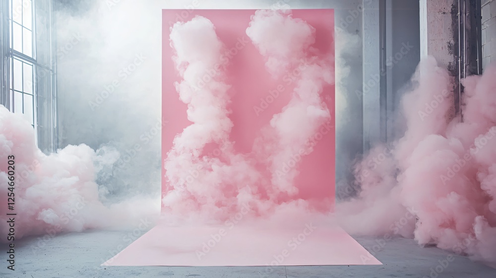 Poster pink backdrop with ethereal smoke creating a dreamy and artistic atmosphere in studio space