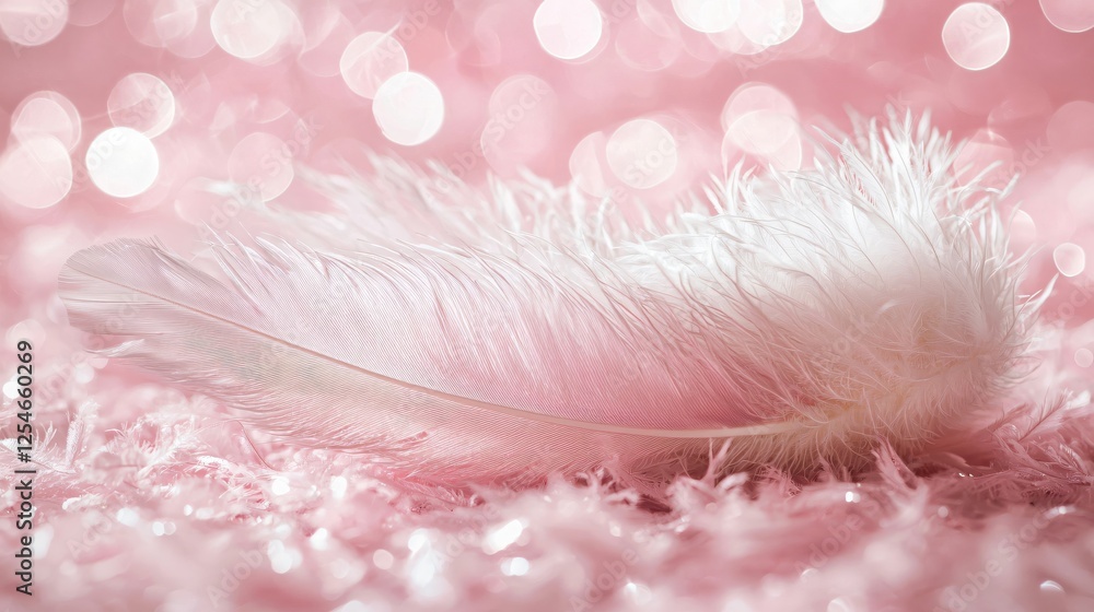 Poster delicate feather on pink fluffy surface with bokeh lights creating a dreamy and ethereal scene
