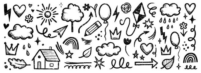 Kid crayon chalk line cloud, flower children sticker set. Hand drawn crayon doodle sketch childish cute element set. Chalk star, heart, flower color cute element background. Vector illustration