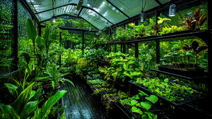 Lush greenhouse filled with diverse plants, showcasing vibrant greenery and moisture