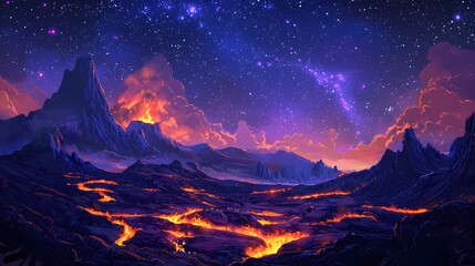 Dramatic Volcanic Landscape with Flowing Lava and a Starry Night Sky in a Digital Painting