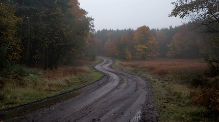 Fototapeta premium Winding autumn forest road, misty day, nature background, travel imagery