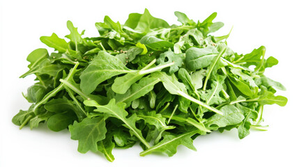 Obraz premium Fresh arugula leaves piled high, showcasing vibrant green color and crisp texture, perfect for salads or garnishes
