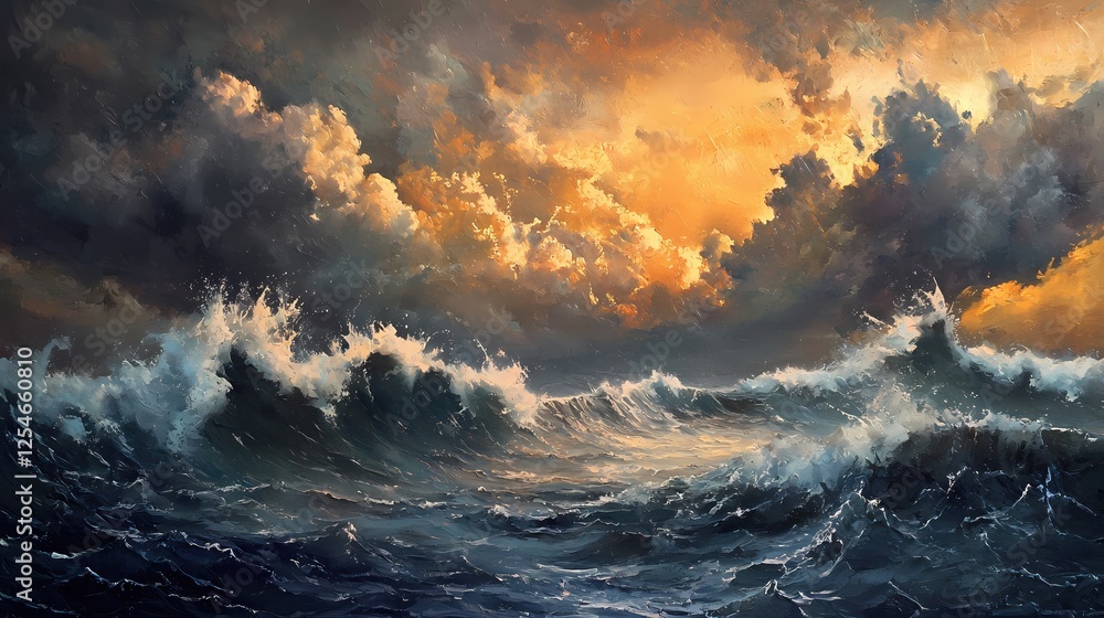 Poster dramatic ocean scene with golden clouds and crashing waves in an impressionistic style