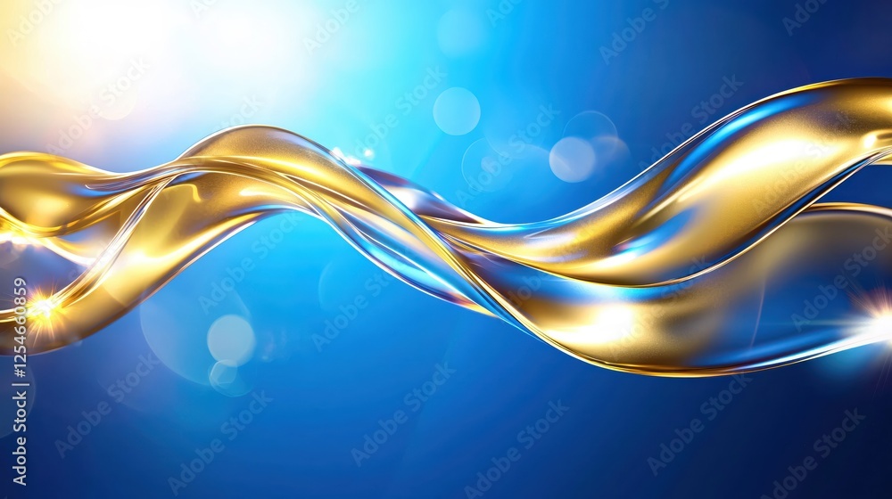 Poster abstract golden wave on blue background with light flares and bokeh effect artistic design