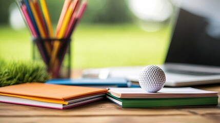 Golf ball on books with laptop and pencils in a bright outdoor workspace concept