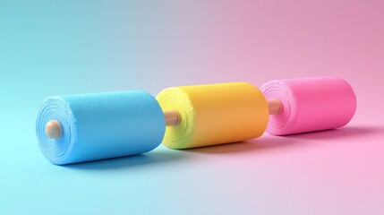 Three pastel-colored fabric rolls on pastel background.