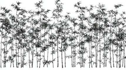 A serene black and white depiction of bamboo stalks swaying gently in the breeze, symbolizing tranquility