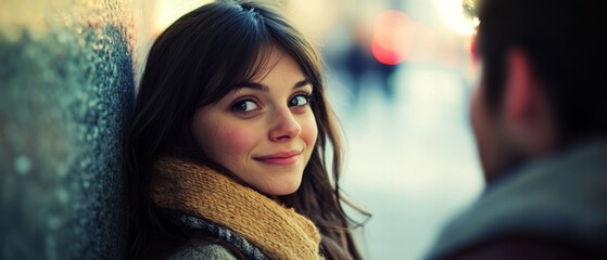 A young woman with a soft smile leans against a textured wall, her gaze filled with curiosity and warmth, set against a city backdrop.