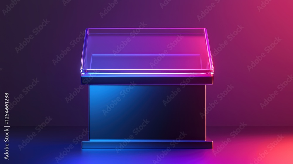 Aufkleber modern display stand with neon lighting for product showcase in a dark studio setting