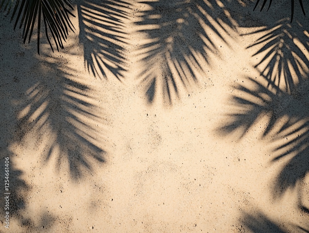 Poster palm frond shadows cast on sandy surface creating a tropical and natural background texture