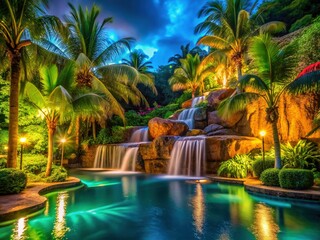 Luxurious Resort Pool Waterfall Night Photography - Tropical Getaway