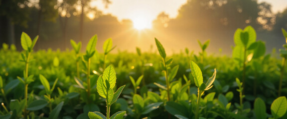 Obraz premium First sprouts emerging in a lush field during sunrise, bathed in soft light and surrounded by vibrant greenery 