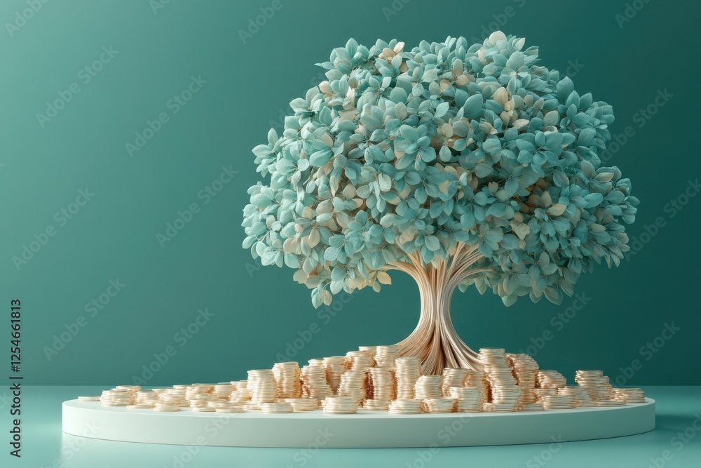 Poster a stylized, teal tree with intricate leaves stands on a circular base surrounded by small, stacked c