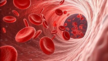 Fototapeta premium Bloodstream Flow 3D Render of Red Blood Cells in Vessel Lumen