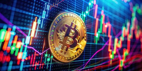 Macro Shot: Bitcoin Trading Charts with Neon Glowing Lines - Cryptocurrency Volatility