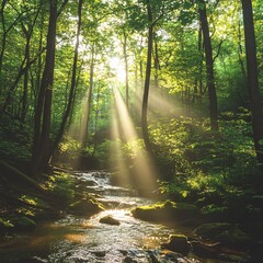 Fototapeta premium Enchanting Forest Stream Bathed in Golden Sunlight Serene Nature Scene with Lush Greenery
