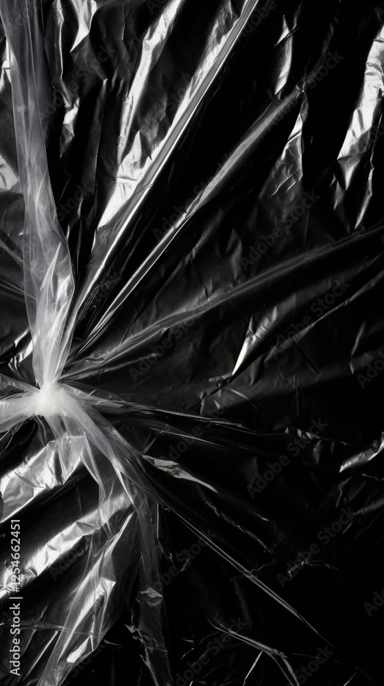 Poster detailed close-up of wrinkled plastic wrap textures on a dark background with intricate patterns and