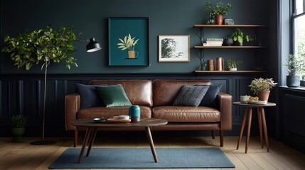 Dark Teal Living Room With Brown Leather Sofa