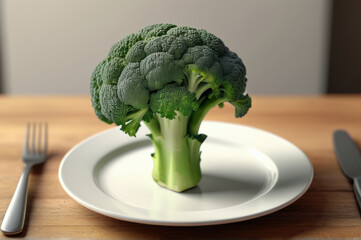 Fresh broccoli on a white plate, placed on a rustic wooden table, healthy eating and clean lifestyle concept