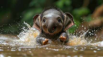 Playful baby elephant splashing joyfully in a muddy river surrounded by lush greenery