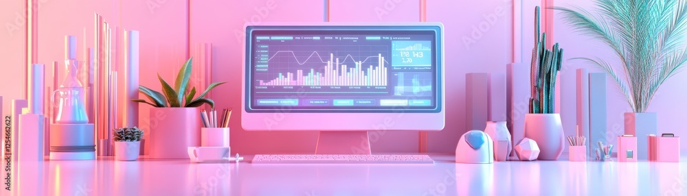 Poster a modern workspace featuring a computer with data visuals, plants, and soft pastel colors, creating 