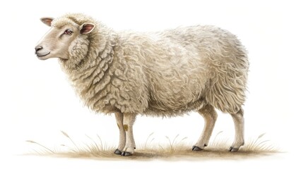 Digital Watercolor Painting Fluffy Sheep in a Field