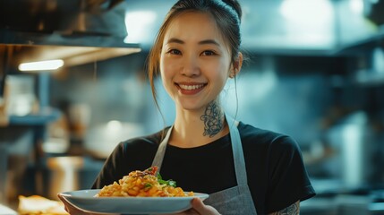 Asian female waitress serving food in plate smiling 