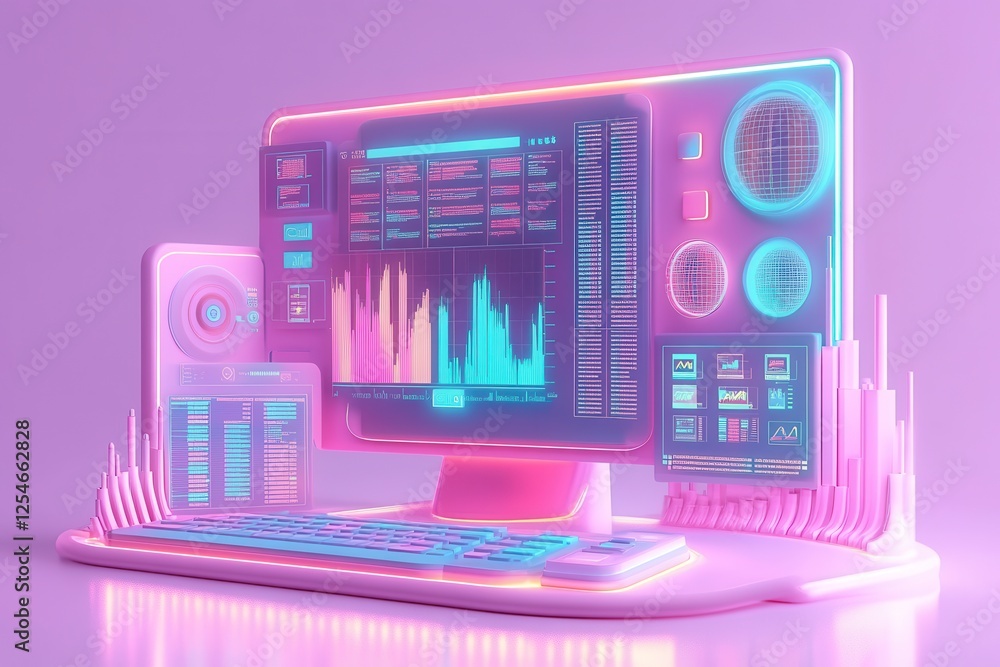 Poster a futuristic, neon-lit computer setup displaying data analytics and vibrant visualizations against a