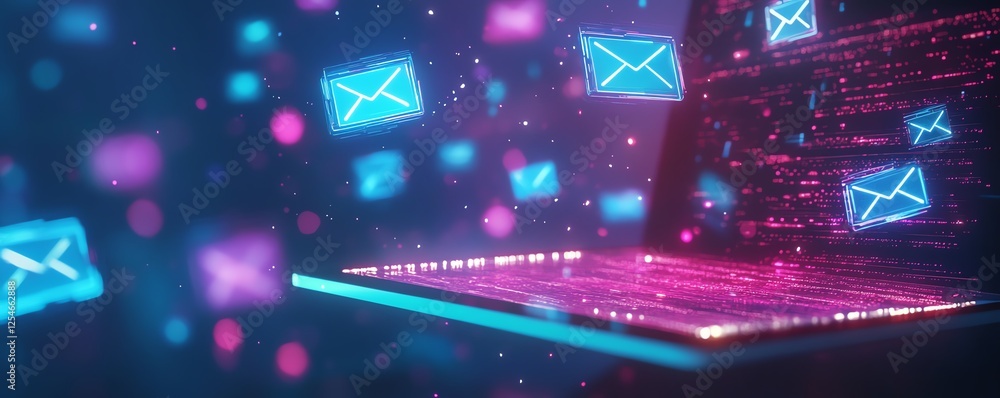 Aufkleber tablet screen with floating glowing email notifications, futuristic design, hightech interface, mode