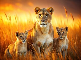 Obraz premium Majestic Lioness and Cubs Resting in Tall Grass - Wildlife Photography