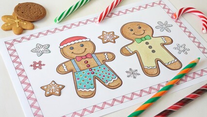Obraz premium Gingerbread Friends Colored Pencil Christmas Coloring Page