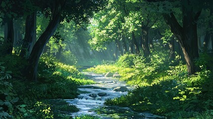 Tranquil Forest Stream Sunlight Filtering Through Verdant Trees a Serene Nature Scene