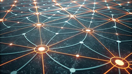 Glowing Network Nodes Abstract 3D Render, Connectivity Concept, Teal and Orange, Network Visualization Network,Connectivity