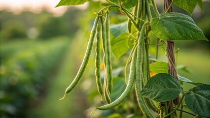 Obraz premium Golden Hour Bean Harvest Close-up of Green Beans on Vine