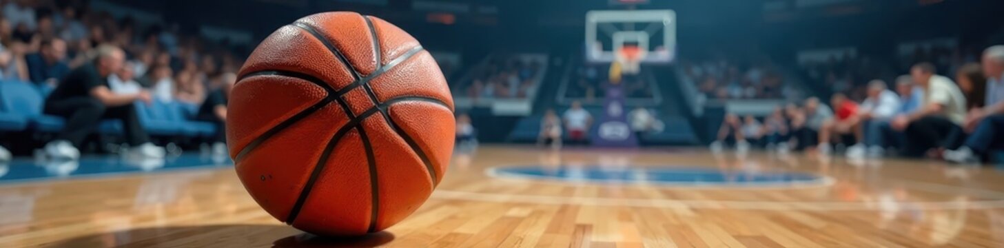 Close-up of basketball on court during intense game, march, closeup