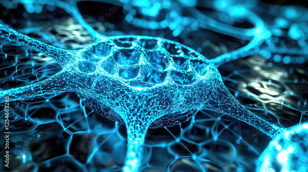 Poster close-up of glowing blue cellular structures showcasing intricate details and connections