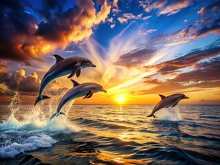 Majestic Sunset Ocean Dolphins -  Wildlife Nature Stock Photo