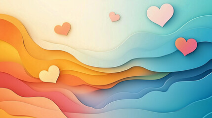 Abstract blue and orange wave background illustration with pink hearts in paper cut style.