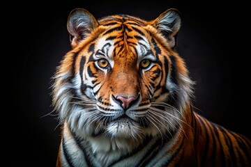 Naklejka premium Majestic Tiger Portrait: Powerful Black Background Stock Photo